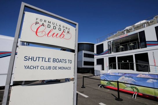 Paddock Club sign offering shuttle boats to Monaco!
06.07.2017. Formula 1 World Championship, Rd 9, Austrian Grand Prix, Spielberg, Austria, Preparation Day.
- www.xpbimages.com, EMail: requests@xpbimages.com - copy of publication required for printed pictures. Every used picture is fee-liable. © Copyright: Moy / XPB Images