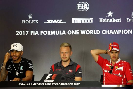 Lewis Hamilton (GBR) Mercedes AMG F1 , Kevin Magnussen (DEN) Haas F1 Team and Sebastian Vettel (GER) Scuderia Ferrari 06.07.2017. Formula 1 World Championship, Rd 9, Austrian Grand Prix, Spielberg, Austria, Preparation Day.- www.xpbimages.com, EMail: requests@xpbimages.com - copy of publication required for printed pictures. Every used picture is fee-liable. © Copyright: Charniaux / XPB Images