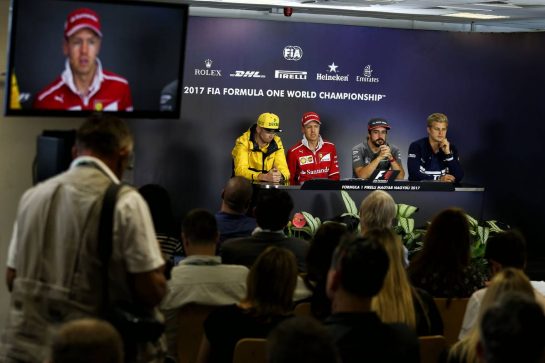 (L to R): Nico Hulkenberg (GER) Renault Sport F1 Team; Sebastian Vettel (GER) Ferrari; Fernando Alonso (ESP) McLaren; and Marcus Ericsson (SWE) Sauber F1 Team, in the FIA Press Conference.
27.07.2017. Formula 1 World Championship, Rd 11, Hungarian Grand Prix, Budapest, Hungary, Preparation Day.
- www.xpbimages.com, EMail: requests@xpbimages.com - copy of publication required for printed pictures. Every used picture is fee-liable. © Copyright: Moy / XPB Images