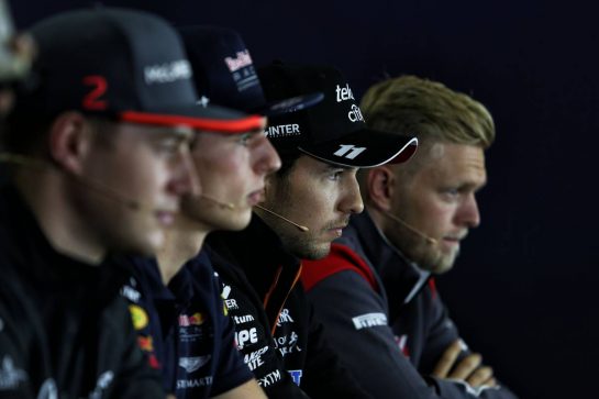 (L to R): Stoffel Vandoorne (BEL) McLaren; Max Verstappen (NLD) Red Bull Racing; Sergio Perez (MEX) Sahara Force India F1; and Kevin Magnussen (DEN) Haas F1 Team, in the FIA Press Conference.
27.07.2017. Formula 1 World Championship, Rd 11, Hungarian Grand Prix, Budapest, Hungary, Preparation Day.
- www.xpbimages.com, EMail: requests@xpbimages.com - copy of publication required for printed pictures. Every used picture is fee-liable. © Copyright: Moy / XPB Images