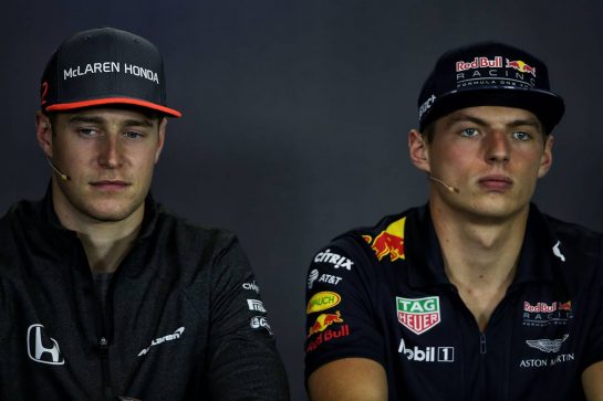 (L to R): Stoffel Vandoorne (BEL) McLaren with Max Verstappen (NLD) Red Bull Racing in the FIA Press Conference.
27.07.2017. Formula 1 World Championship, Rd 11, Hungarian Grand Prix, Budapest, Hungary, Preparation Day.
- www.xpbimages.com, EMail: requests@xpbimages.com - copy of publication required for printed pictures. Every used picture is fee-liable. © Copyright: Moy / XPB Images