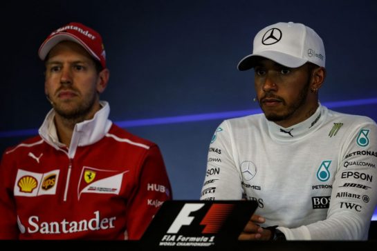 (L to R): Sebastian Vettel (GER) Ferrari and Lewis Hamilton (GBR) Mercedes AMG F1 in the post race FIA Press Conference.
27.08.2017. Formula 1 World Championship, Rd 12, Belgian Grand Prix, Spa Francorchamps, Belgium, Race Day.
- www.xpbimages.com, EMail: requests@xpbimages.com - copy of publication required for printed pictures. Every used picture is fee-liable. © Copyright: Moy / XPB Images