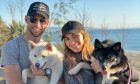 Jenson Button, girlfriend Brittny Ward, and dogs Storm and Rogue
