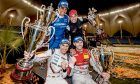 Team Germany (Rene Rast and Tomo Bernhard) celebrate victory in the Race of Champions Nations Cup, with runners up Juan Pablo Montoya and Helio Castroneves.