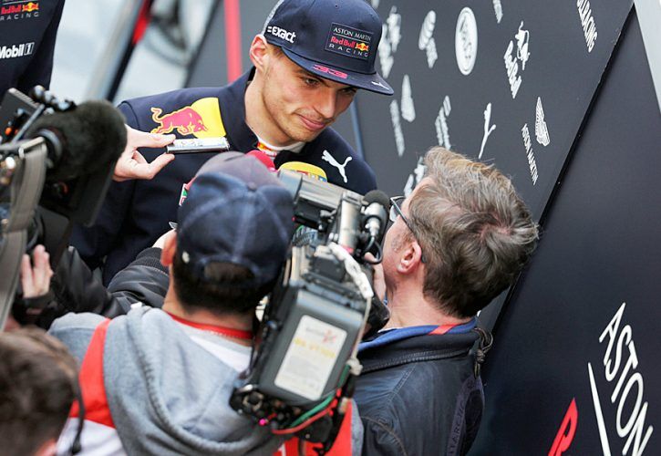 Max Verstappen (NLD) Red Bull Racing with the media.