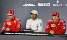 The post qualifying FIA Press Conference (L to R): Sebastian Vettel (GER) Ferrari, third; Lewis Hamilton (GBR) Mercedes AMG F1, pole position; Kimi Raikkonen (FIN) Ferrari, second.