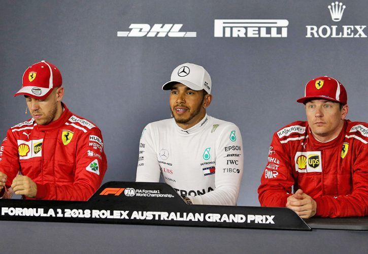 The post qualifying FIA Press Conference (L to R): Sebastian Vettel (GER) Ferrari, third; Lewis Hamilton (GBR) Mercedes AMG F1, pole position; Kimi Raikkonen (FIN) Ferrari, second.