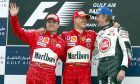 2004 Bahrain GP podium: Rubens Barrichello, BRA, Ferrari, Michael Schumacher, GER, Ferrari, Jenson Button, GBR, BAR Honda