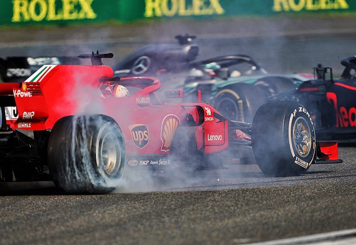 Max Verstappen (NLD) Red Bull Racing RB14 and Sebastian Vettel (Ferrari) collide