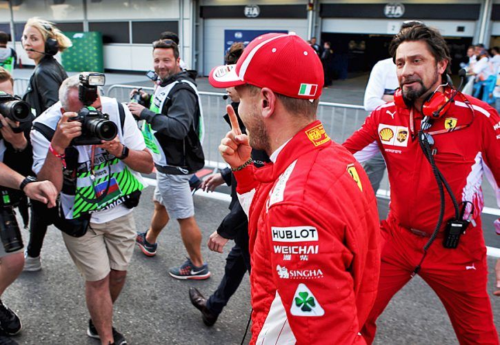 Sebastian Vettel (GER) Ferrari celebrates his pole position for the Azerbaijan Grand Prix