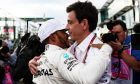 Lewis Hamilton (GBR) Mercedes AMG F1 celebrates his pole position with Toto Wolff (GER)