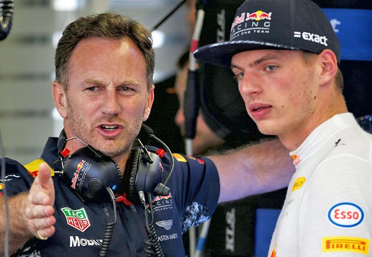 Christian Horner (GBR) Red Bull Racing Team Principal with Max Verstappen (NLD) Red Bull Racing.