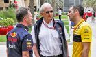 Red Bull's Christian Horner and Helmut Marko with Renault's Cyril Abiteboul