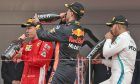 1st place Daniel Ricciardo (AUS) Red Bull Racing RB14, 2nd place Sebastian Vettel (GER) Ferrari SF71H and 3rd place Lewis Hamilton (GBR)
