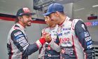 Fernando Alonso (ESP); Kazuki Nakajima (JPN); and Sebastien Buemi (SUI) celebrate pole position at Le Mans
