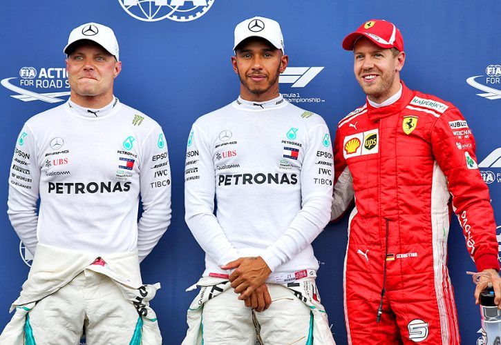 French Grand Prix: Qualifying top three in parc ferme (L to R): Valtteri Bottas (FIN) Mercedes AMG F1, second; Lewis Hamilton (GBR) Mercedes AMG F1, pole position; Sebastian Vettel (GER) Ferrari, third.