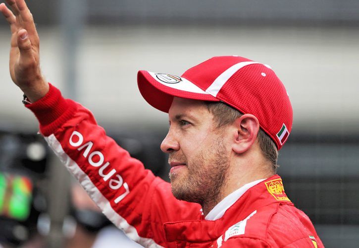 Sebastian Vettel (GER) Ferrari celebrates his third position in qualifying parc ferm