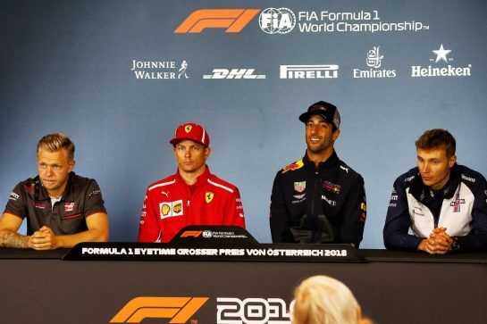 The FIA Press Conference (L to R): Kevin Magnussen (DEN) Haas F1 Team; Kimi Raikkonen (FIN) Ferrari; Daniel Ricciardo (AUS) Red Bull Racing; Sergey Sirotkin (RUS) Williams.
28.06.2018. Formula 1 World Championship, Rd 9, Austrian Grand Prix, Spielberg, Austria, Preparation Day.
- www.xpbimages.com, EMail: requests@xpbimages.com - copy of publication required for printed pictures. Every used picture is fee-liable. © Copyright: Photo4 / XPB Images