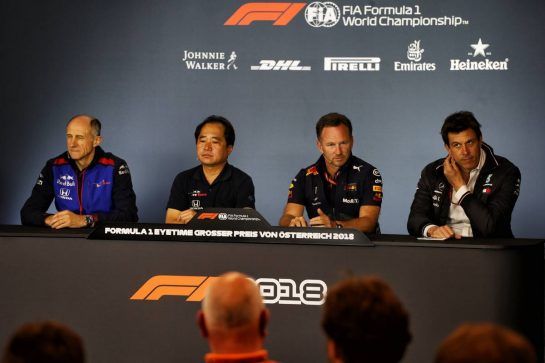 The FIA Press Conference (L to R): Franz Tost (AUT) Scuderia Toro Rosso Team Principal; Toyoharu Tanabe (JPN) Honda F1 Technical Director; Christian Horner (GBR) Red Bull Racing Team Principal; Toto Wolff (GER) Mercedes AMG F1 Shareholder and Executive Director.
29.06.2018. Formula 1 World Championship, Rd 9, Austrian Grand Prix, Spielberg, Austria, Practice Day.
- www.xpbimages.com, EMail: requests@xpbimages.com - copy of publication required for printed pictures. Every used picture is fee-liable. © Copyright: Batchelor / XPB Images