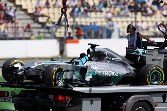 The Mercedes AMG F1 W05 of Lewis Hamilton (GBR) Mercedes AMG F1 is recovered back to the pits on the back of a truck after he crashed out of the first session of qualifying.
19.07.2014. Formula 1 World Championship, Rd 10, German Grand Prix, Hockenheim, Germany, Qualifying Day.
- www.xpbimages.com, EMail: requests@xpbimages.com - copy of publication required for printed pictures. Every used picture is fee-liable. © Copyright: Herweg / XPB Images