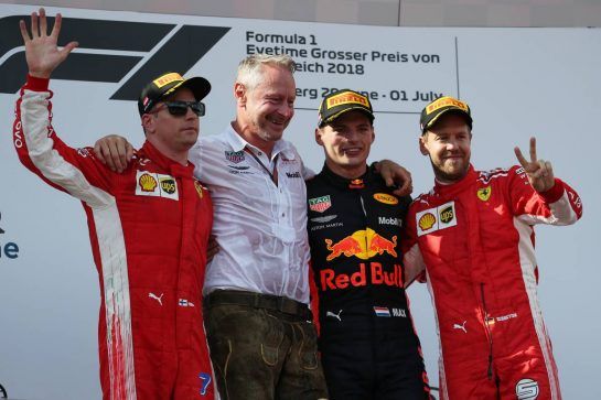 1st place Max Verstappen (NLD) Red Bull Racing RB14, 2nd place Kimi Raikkonen (FIN) Ferrari SF71H and 3rd Sebastian Vettel (GER) Ferrari SF71H.
01.07.2018. Formula 1 World Championship, Rd 9, Austrian Grand Prix, Spielberg, Austria, Race Day.
- www.xpbimages.com, EMail: requests@xpbimages.com - copy of publication required for printed pictures. Every used picture is fee-liable. © Copyright: Batchelor / XPB Images