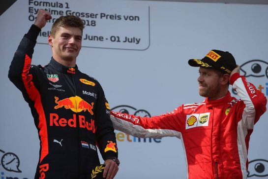 1st place Max Verstappen (NLD) Red Bull Racing RB14 and 3rd place Sebastian Vettel (GER) Ferrari SF71H.
01.07.2018. Formula 1 World Championship, Rd 9, Austrian Grand Prix, Spielberg, Austria, Race Day.
- www.xpbimages.com, EMail: requests@xpbimages.com - copy of publication required for printed pictures. Every used picture is fee-liable. © Copyright: Batchelor / XPB Images