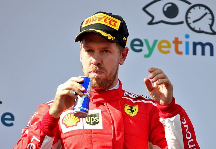 3rd place Sebastian Vettel (GER) Ferrari SF71H with a can of Red Bull