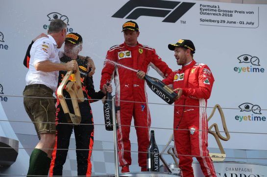 1st place Max Verstappen (NLD) Red Bull Racing RB14 with 2nd place Kimi Raikkonen (FIN) Ferrari SF71H and Sebastian Vettel (GER) Ferrari SF71H.
01.07.2018. Formula 1 World Championship, Rd 9, Austrian Grand Prix, Spielberg, Austria, Race Day.
- www.xpbimages.com, EMail: requests@xpbimages.com - copy of publication required for printed pictures. Every used picture is fee-liable. © Copyright: Batchelor / XPB Images