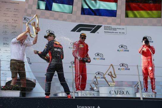 1st place Max Verstappen (NLD) Red Bull Racing RB14 with 2nd place Kimi Raikkonen (FIN) Ferrari SF71H and Sebastian Vettel (GER) Ferrari SF71H.
01.07.2018. Formula 1 World Championship, Rd 9, Austrian Grand Prix, Spielberg, Austria, Race Day.
- www.xpbimages.com, EMail: requests@xpbimages.com - copy of publication required for printed pictures. Every used picture is fee-liable. © Copyright: Batchelor / XPB Images