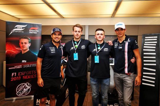 The Hype Energy eForce India team launch (L to R): Sergio Perez (MEX) Sahara Force India F1; Mads Sorensen (DEN) Hype Energy eForce India; Marcel Kiefer (GER) Hype Energy eForce India; Esteban Ocon (FRA) Sahara Force India F1 Team.
05.07.2018. Formula 1 World Championship, Rd 10, British Grand Prix, Silverstone, England, Preparation Day.
- www.xpbimages.com, EMail: requests@xpbimages.com - copy of publication required for printed pictures. Every used picture is fee-liable. © Copyright: Moy / XPB Images