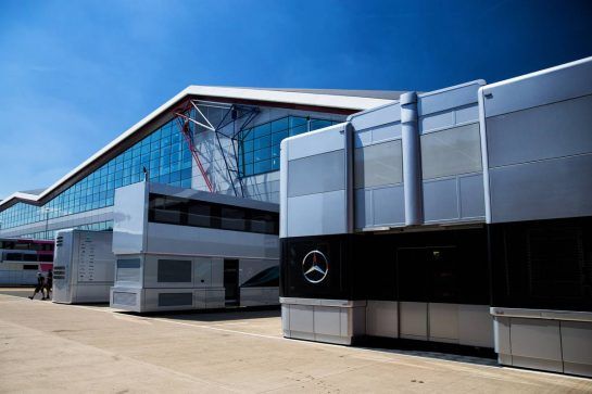 Mercedes AMG F1 trucks in the paddock.
05.07.2018. Formula 1 World Championship, Rd 10, British Grand Prix, Silverstone, England, Preparation Day.
- www.xpbimages.com, EMail: requests@xpbimages.com - copy of publication required for printed pictures. Every used picture is fee-liable. © Copyright: Rew / XPB Images