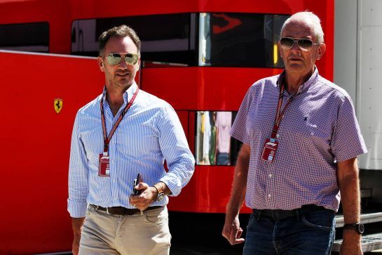 (L to R): Christian Horner (GBR) Red Bull Racing Team Principal with Dr Helmut Marko (AUT) Red Bull Motorsport Consultant.
05.07.2018. Formula 1 World Championship, Rd 10, British Grand Prix, Silverstone, England, Preparation Day.
- www.xpbimages.com, EMail: requests@xpbimages.com - copy of publication required for printed pictures. Every used picture is fee-liable. © Copyright: Batchelor / XPB Images