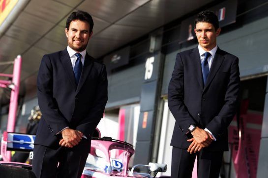 (L to R): Sergio Perez (MEX) Sahara Force India F1 and Esteban Ocon (FRA) Sahara Force India F1 Team - Apsley Tailors.
05.07.2018. Formula 1 World Championship, Rd 10, British Grand Prix, Silverstone, England, Preparation Day.
- www.xpbimages.com, EMail: requests@xpbimages.com - copy of publication required for printed pictures. Every used picture is fee-liable. © Copyright: Moy / XPB Images