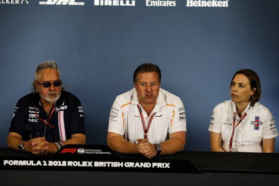 The FIA Press Conference (L to R): Dr. Vijay Mallya (IND) Sahara Force India F1 Team Owner; Zak Brown (USA) McLaren Executive Director; Claire Williams (GBR) Williams Deputy Team Principal.
06.07.2018. Formula 1 World Championship, Rd 10, British Grand Prix, Silverstone, England, Practice Day.
- www.xpbimages.com, EMail: requests@xpbimages.com - copy of publication required for printed pictures. Every used picture is fee-liable. © Copyright: Moy / XPB Images
