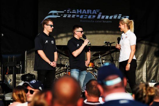 (L to R): Mads Sorensen (DEN) Hype Energy eForce India and Marcel Kiefer (GER) Hype Energy eForce India with Rosanna Tennant (GBR) F1 Presenter on stage at the Sahara Force India F1 Team Fan Zone.
06.07.2018. Formula 1 World Championship, Rd 10, British Grand Prix, Silverstone, England, Practice Day.
- www.xpbimages.com, EMail: requests@xpbimages.com - copy of publication required for printed pictures. Every used picture is fee-liable. © Copyright: Moy / XPB Images