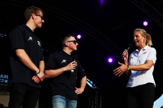 (L to R): Mads Sorensen (DEN) Hype Energy eForce India and Marcel Kiefer (GER) Hype Energy eForce India with Rosanna Tennant (GBR) F1 Presenter on stage at the Sahara Force India F1 Team Fan Zone.
06.07.2018. Formula 1 World Championship, Rd 10, British Grand Prix, Silverstone, England, Practice Day.
- www.xpbimages.com, EMail: requests@xpbimages.com - copy of publication required for printed pictures. Every used picture is fee-liable. © Copyright: Moy / XPB Images