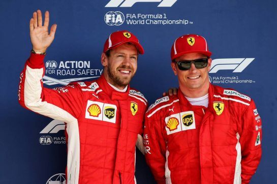 (L to R): Sebastian Vettel (GER) Ferrari with team mate Kimi Raikkonen (FIN) Ferrari in qualifying parc ferme.
07.07.2018. Formula 1 World Championship, Rd 10, British Grand Prix, Silverstone, England, Qualifying Day.
- www.xpbimages.com, EMail: requests@xpbimages.com - copy of publication required for printed pictures. Every used picture is fee-liable. © Copyright: Batchelor / XPB Images