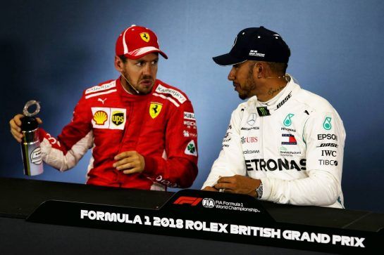 (L to R): Sebastian Vettel (GER) Ferrari with Lewis Hamilton (GBR) Mercedes AMG F1 in the FIA Press Conference.
07.07.2018. Formula 1 World Championship, Rd 10, British Grand Prix, Silverstone, England, Qualifying Day.
- www.xpbimages.com, EMail: requests@xpbimages.com - copy of publication required for printed pictures. Every used picture is fee-liable. © Copyright: Moy / XPB Images