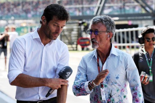 (L to R): Mark Webber (AUS) Channel 4 Presenter with Eddie Jordan (IRE).
07.07.2018. Formula 1 World Championship, Rd 10, British Grand Prix, Silverstone, England, Qualifying Day.
- www.xpbimages.com, EMail: requests@xpbimages.com - copy of publication required for printed pictures. Every used picture is fee-liable. © Copyright: Batchelor / XPB Images