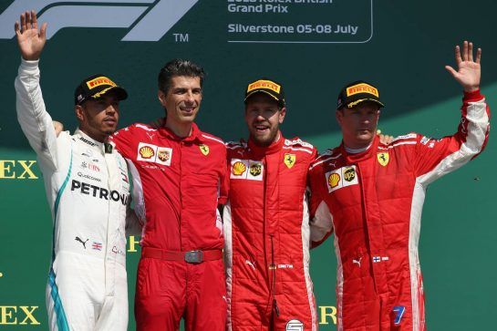 1st place Sebastian Vettel (GER) Ferrari SF71H, 2nd place Lewis Hamilton (GBR) Mercedes AMG F1 W09 and 3rd place Kimi Raikkonen (FIN) Ferrari SF71H.
08.07.2018. Formula 1 World Championship, Rd 10, British Grand Prix, Silverstone, England, Race Day.
- www.xpbimages.com, EMail: requests@xpbimages.com - copy of publication required for printed pictures. Every used picture is fee-liable. © Copyright: Batchelor / XPB Images