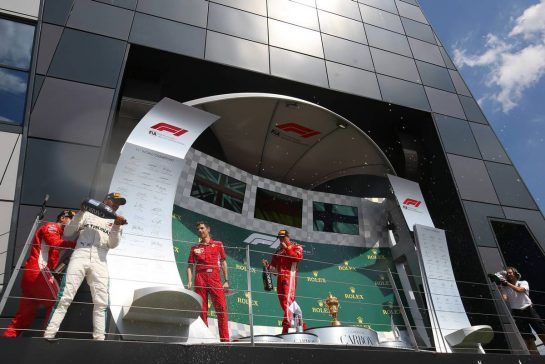 Lewis Hamilton (GBR) Mercedes AMG F1 , Sebastian Vettel (GER) Scuderia Ferrari and Kimi Raikkonen (FIN) Scuderia Ferrari 
08.07.2018. Formula 1 World Championship, Rd 10, British Grand Prix, Silverstone, England, Race Day.
- www.xpbimages.com, EMail: requests@xpbimages.com - copy of publication required for printed pictures. Every used picture is fee-liable. © Copyright: Charniaux / XPB Images