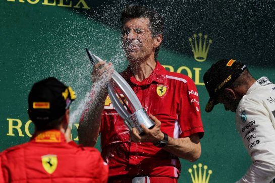 Claudio Albertini (ITA) Ferrari celebrates on the podium with Sebastian Vettel (GER) Ferrari.
08.07.2018. Formula 1 World Championship, Rd 10, British Grand Prix, Silverstone, England, Race Day.
- www.xpbimages.com, EMail: requests@xpbimages.com - copy of publication required for printed pictures. Every used picture is fee-liable. © Copyright: Moy / XPB Images