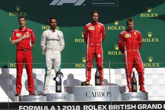 1st place Sebastian Vettel (GER) Ferrari SF71H, 2nd place Lewis Hamilton (GBR) Mercedes AMG F1 W09 and 3rd place Kimi Raikkonen (FIN) Ferrari SF71H. 
08.07.2018. Formula 1 World Championship, Rd 10, British Grand Prix, Silverstone, England, Race Day.
- www.xpbimages.com, EMail: requests@xpbimages.com - copy of publication required for printed pictures. Every used picture is fee-liable. © Copyright: Batchelor / XPB Images