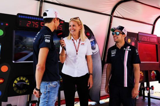 (L to R): Esteban Ocon (FRA) Sahara Force India F1 Team with Rosanna Tennant (GBR) F1 Presenter and Sergio Perez (MEX) Sahara Force India F1 in the F1 FanZone.
19.07.2018. Formula 1 World Championship, Rd 11, German Grand Prix, Hockenheim, Germany, Preparation Day.
- www.xpbimages.com, EMail: requests@xpbimages.com - copy of publication required for printed pictures. Every used picture is fee-liable. © Copyright: Moy / XPB Images