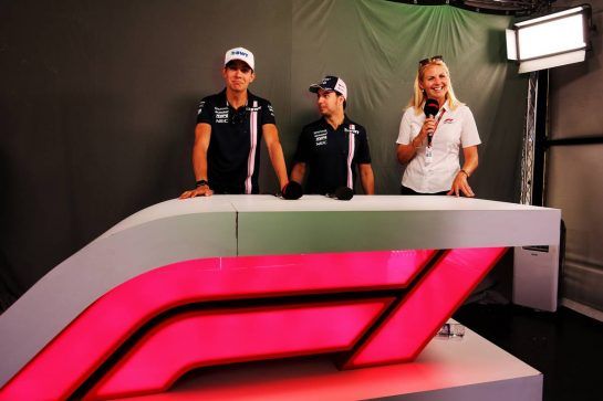 (L to R): Esteban Ocon (FRA) Sahara Force India F1 Team with Sergio Perez (MEX) Sahara Force India F1 and Rosanna Tennant (GBR) F1 Presenter in the F1 FanZone.
19.07.2018. Formula 1 World Championship, Rd 11, German Grand Prix, Hockenheim, Germany, Preparation Day.
- www.xpbimages.com, EMail: requests@xpbimages.com - copy of publication required for printed pictures. Every used picture is fee-liable. © Copyright: Moy / XPB Images
