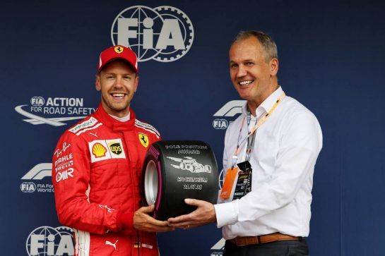 Sebastian Vettel (GER) Ferrari receives his Pirelli Pole Position Award.
21.07.2018. Formula 1 World Championship, Rd 11, German Grand Prix, Hockenheim, Germany, Qualifying Day.
- www.xpbimages.com, EMail: requests@xpbimages.com - copy of publication required for printed pictures. Every used picture is fee-liable. © Copyright: Moy / XPB Images