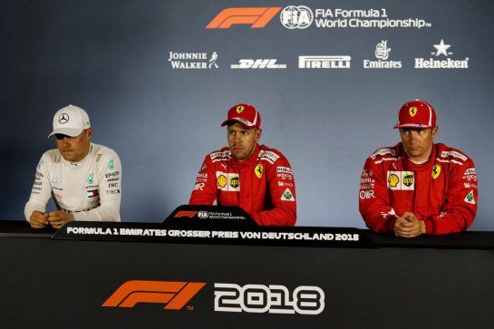 The post qualifying FIA Press Conference (L to R): Valtteri Bottas (FIN) Mercedes AMG F1, second; Sebastian Vettel (GER) Ferrari, pole position; Kimi Raikkonen (FIN) Ferrari, third.
21.07.2018. Formula 1 World Championship, Rd 11, German Grand Prix, Hockenheim, Germany, Qualifying Day.
- www.xpbimages.com, EMail: requests@xpbimages.com - copy of publication required for printed pictures. Every used picture is fee-liable. © Copyright: Moy / XPB Images