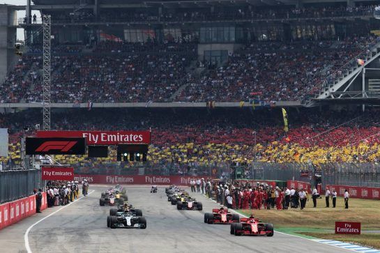 Sebastian Vettel (GER) Ferrari SF71H on the formation lap.
22.07.2018. Formula 1 World Championship, Rd 11, German Grand Prix, Hockenheim, Germany, Race Day.
- www.xpbimages.com, EMail: requests@xpbimages.com - copy of publication required for printed pictures. Every used picture is fee-liable. © Copyright: Charniaux / XPB Images