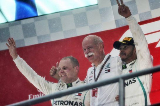 (L to R): Valtteri Bottas (FIN) Mercedes AMG F1 celebrates on the podium with Dr. Dieter Zetsche (GER) Daimler AG CEO and race winner Lewis Hamilton (GBR) Mercedes AMG F1.
22.07.2018. Formula 1 World Championship, Rd 11, German Grand Prix, Hockenheim, Germany, Race Day.
- www.xpbimages.com, EMail: requests@xpbimages.com - copy of publication required for printed pictures. Every used picture is fee-liable. © Copyright: Moy / XPB Images