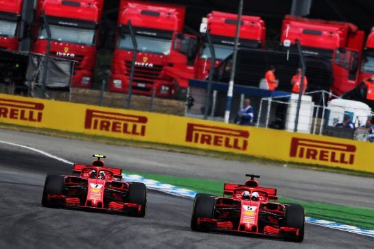 Sebastian Vettel (GER) Ferrari SF71H passes team mate Kimi Raikkonen (FIN) Ferrari SF71H.
22.07.2018. Formula 1 World Championship, Rd 11, German Grand Prix, Hockenheim, Germany, Race Day.
- www.xpbimages.com, EMail: requests@xpbimages.com - copy of publication required for printed pictures. Every used picture is fee-liable. © Copyright: Moy / XPB Images